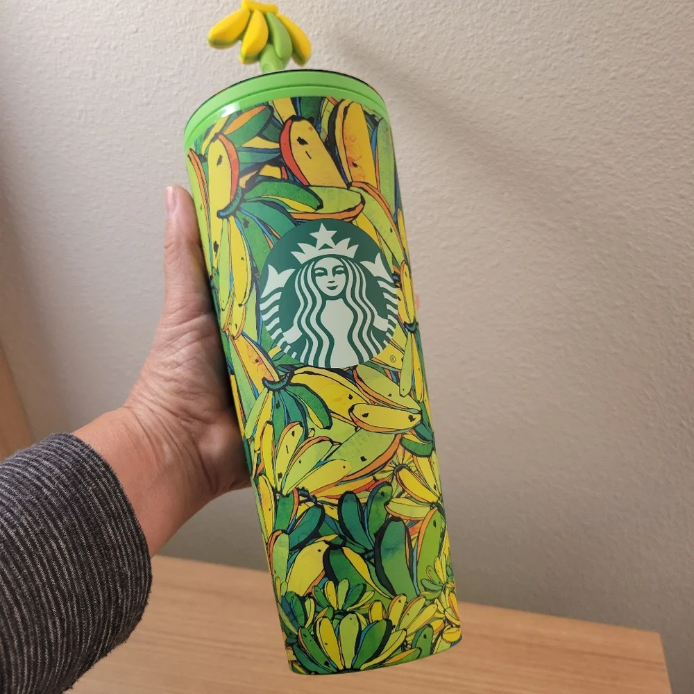 Starbucks Green and Yellow Banana Print Tumbler with Flower Straw